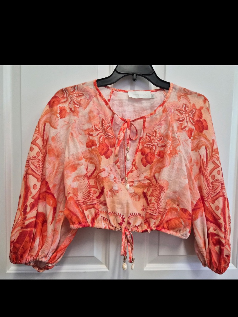Zimmermann Linen Blouse Lyre Collection Vibrant Palm Print. Size 3